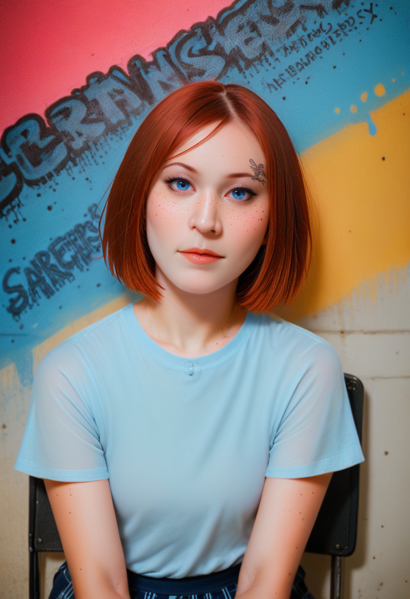 Portrait, score_9, score_8_up, score_7_up, score_6_up, score_5_up, score_4_up,
<lora:AlienorXL:0.8> AlienorXL, solo,
1girl, redhair, freckles, <lora:PerfectEyesXL:0.8> perfecteyes, blue eyes,  Scottish Clan Face Painting, A-line skirt, , Chador,Platinum jewelry, , Eyebrow tattoo, Graffiti Tattoo, Anxiety expression, Sitting on Edge of Chair with Legs Spread, Museum in the background, High key lighting,top view , Pastel Saturation, <lora:Photo 2 Style SDXL_LoRA_Pony Diffusion V6 XL:0.8> raw, photo, realistic,  <lora:add-detail-xl:1> <lora:EnvyBetterHiresFixXL01:1> <lora:RMSDXL_Creative:1> <lora:xl_more_art-full_v1:0.8>