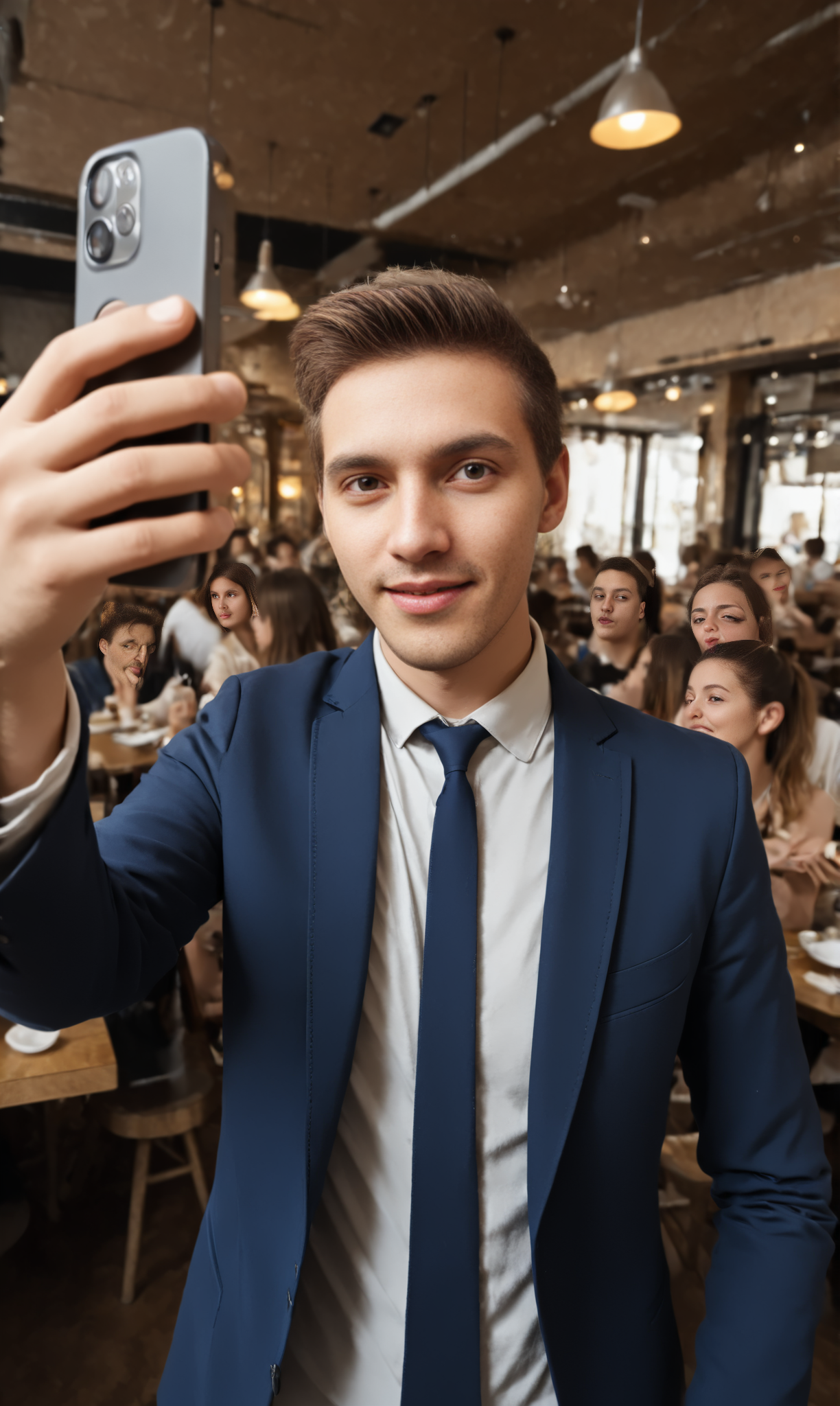 TkSelf, man in suit taking selfie in a crowded restaurant  <lora:TakeSelfie:1>