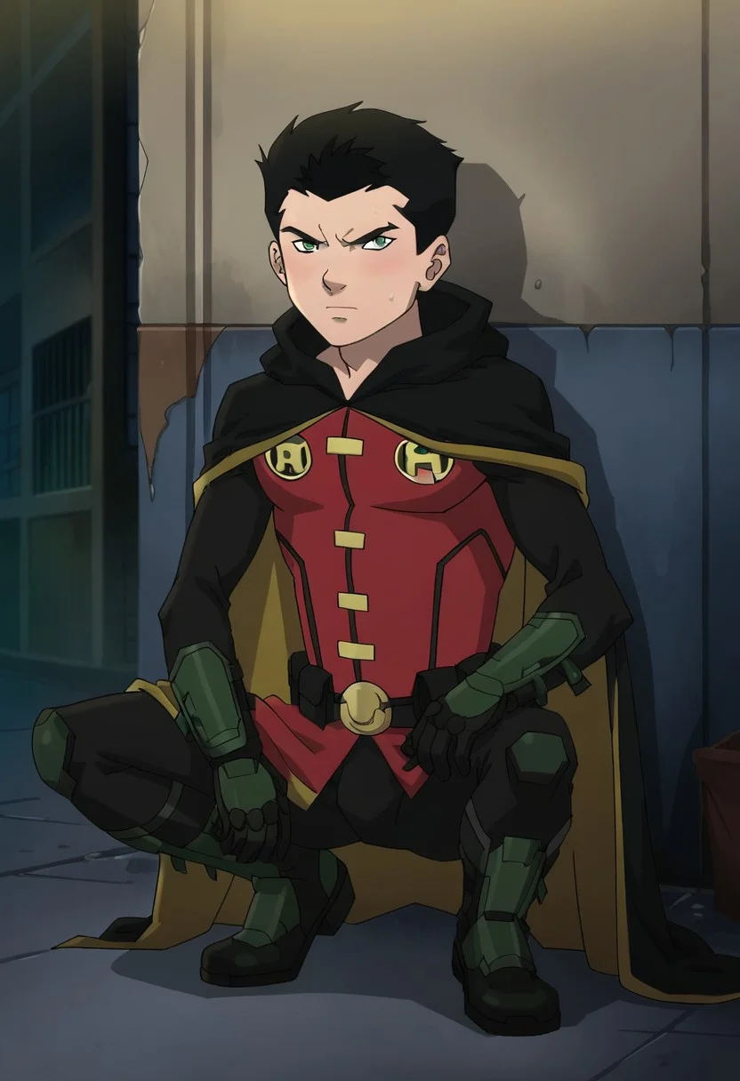 score 9, score 8 up, score 7 up, (1boy), Robin DC comic, black bodysuit, green gloves, cape, black boots, red vest, belt, green eyes, dark alley, black illustration lines, short hair, masculine, squatting ,with a sword , <lora:Robin_-_DC_Animated_Movie_Universe:1>, <lora:RD-MAnon-XLV1.1:1>
