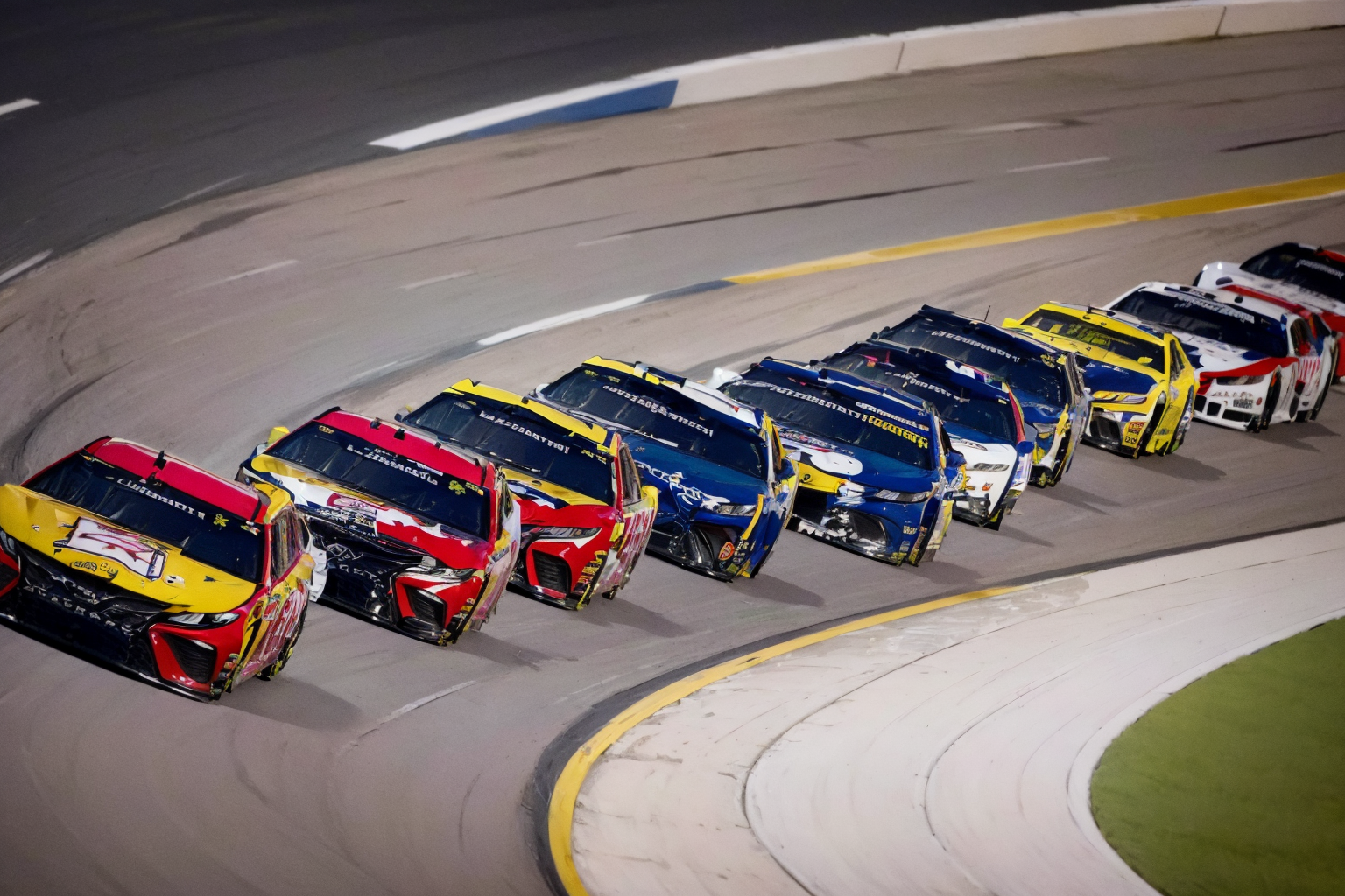 (masterpiece, best quality:1.2), ultra-detailed, group of cars racing on track  EdobNascarRace, (realistic:1.5), <lora:EdobNascarRace_v1.0:1>