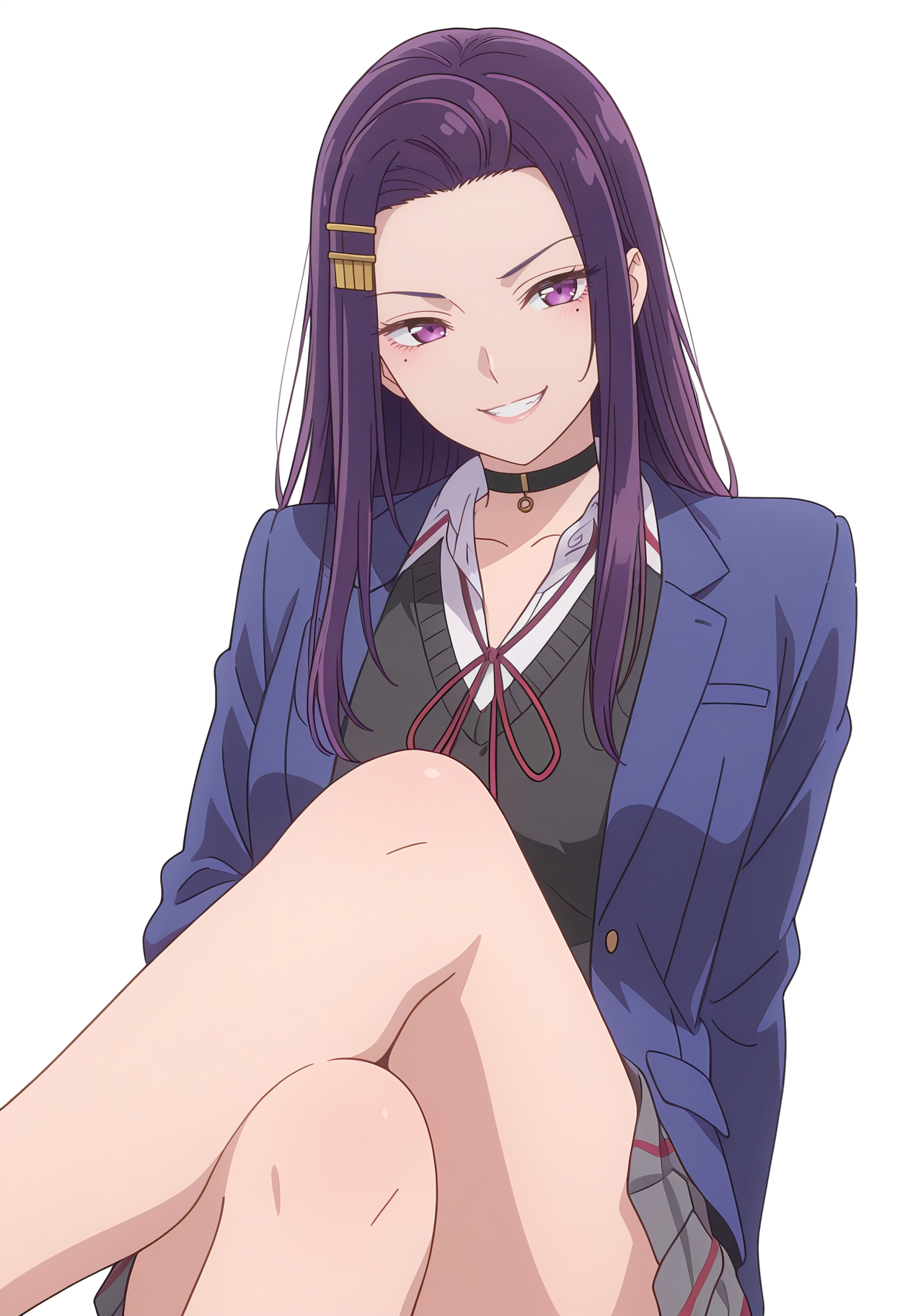 Smooth Quality,masterpiece,beautiful aesthetic, very intricate, high quality details, ultra realistic, high detailed skin,
simple background, white background, 
reclining pose, one leg crossed over the other, arm draped over backrest, calm demeanor,  ,evil grin,
 <lora:Akino_Sayuricnn:0.8> sayuri/cnn, purple hair, long hair, 1girl, hairclip, mole under eye, school uniform, choker,