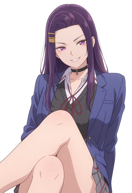 Smooth Quality,masterpiece,beautiful aesthetic, very intricate, high quality details, ultra realistic, high detailed skin,
simple background, white background, 
reclining pose, one leg crossed over the other, arm draped over backrest, calm demeanor,  ,evil grin,
 <lora:Akino_Sayuricnn:0.8> sayuri/cnn, purple hair, long hair, 1girl, hairclip, mole under eye, school uniform, choker,