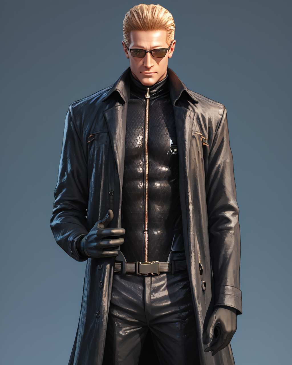 score_9, score_8_up, score_7_up, score_6_up, source_anime, ah1,<lora:albertwesker-guy-PONYv1:1> albertwesker, albert wesker, 1boy, solo, blonde, black gloves, sunglasses, belt, pants, long coat, trench coat, black coat, black pants, toned, athletic, fit, slicked back hair, black turtleneck, zipper, mature male,(graphene textured clothes:1.7) (Grasping a sinister-looking smartphone with a wicked smile)