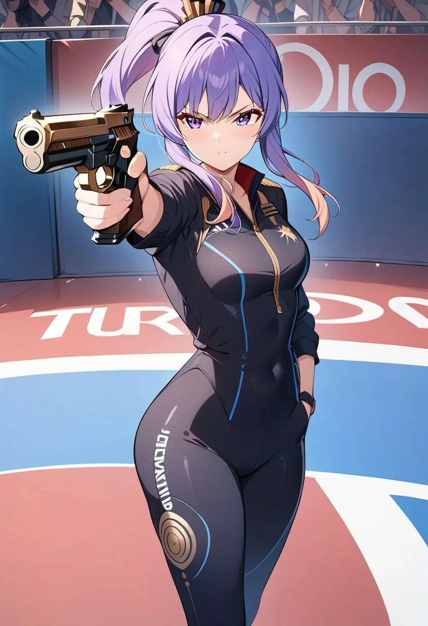 masterpiece, best quality, anime girl, fullbody, Turkish Killer Pose, LOOKING AT GUN, AIMING