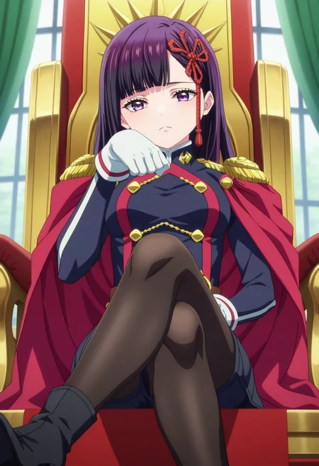 score_9, score_8_up, score_7_up, source_anime, rating_explicit,
BREAK
1girl, solo,
<lora:shiRenYamishiroAnimeV1:1>,
shirenyamashiro, mangastyle, anime screencap, anime coloring, long hair, black hair, purple hair,
purple eyes, blunt bangs, military uniform, long sleeves, white gloves, red cape, belt, epaulettes, paw pose, black pantyhose, high heel boots,
looking at viewer, expressionless, crossed legs, sitting, arm rest, leaning to the side, throne, red carpet,