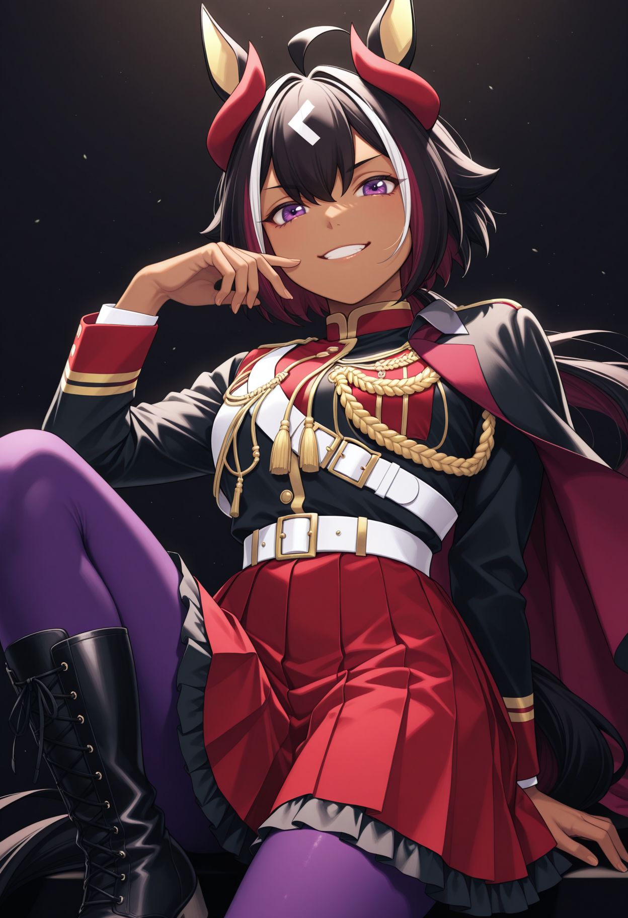 masterpiece,best quality,absurdres,highres,very aesthetic,high quality,detailed,insanely detailed,beautiful,perfect lighting, looking at viewer, 
 <lora:Mill Wakaba illu:1>animal ears, epaulettes, 1girl, multicolored hair, black hair, horse girl, black jacket, streaked hair, white hair, cover page, looking at viewer, hair between eyes, aiguillette, long sleeves, upper body, closed mouth
 dark-skinned female, dark skin
1girl, animal ears, horse girl, horse tail,
 black footwear, boots, smile, purple pantyhose, purple eyes, multicolored hair, pleated skirt, black hair, streaked hair, ahoge, long sleeves, jacket, looking at viewer, epaulettes, simple background, dark-skinned female, , aiguillette, belt, grin, red skirt, cape, dark skin, white hair