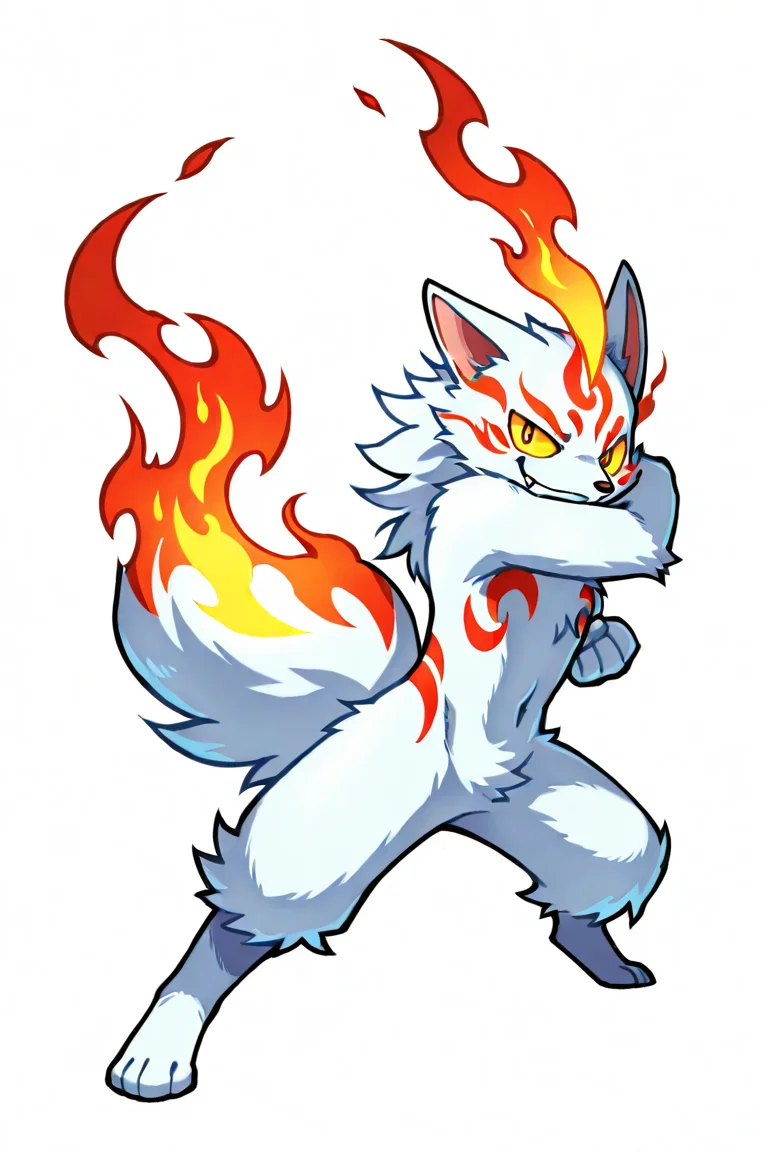 kemono style, furry, white body, traditional youkai, kitsune, solo, no humans, flame tail, smug, fangs,standing, action pose, dynamic pose, colored sclera, simple background, red markings, yellow sclera, looking at viewer, fluffy tail, long fluffy tail, dynamic angle, anthro