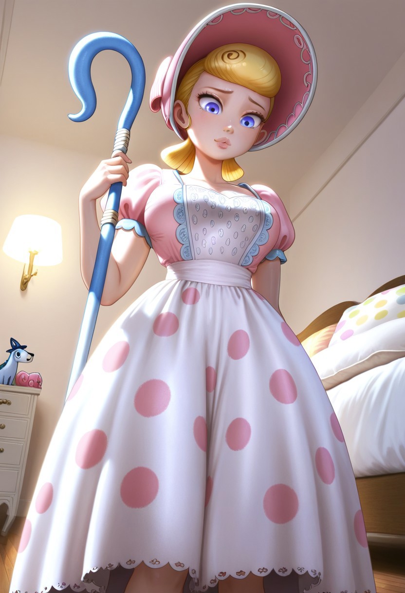masterpiece, best quality, amazing quality, very aesthetic, absurdres, newest, solo, TSbopeep, porcelain figurine, blonde hair, short hair, blue eyes, lips, pink bonnet, pink dress, puffy sleeves, short sleeves, big skirt, white skirt with polka dot print, holding blue Shepherd's crook, large breasts, standing, from below, close up, indoor bedroom, white wall, brown floor, white lights, bed