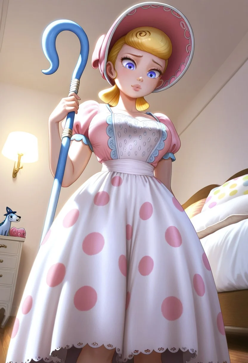 masterpiece, best quality, amazing quality, very aesthetic, absurdres, newest, solo, TSbopeep, porcelain figurine, blonde hair, short hair, blue eyes, lips, pink bonnet, pink dress, puffy sleeves, short sleeves, big skirt, white skirt with polka dot print, holding blue Shepherd's crook, large breasts, standing, from below, close up, indoor bedroom, white wall, brown floor, white lights, bed