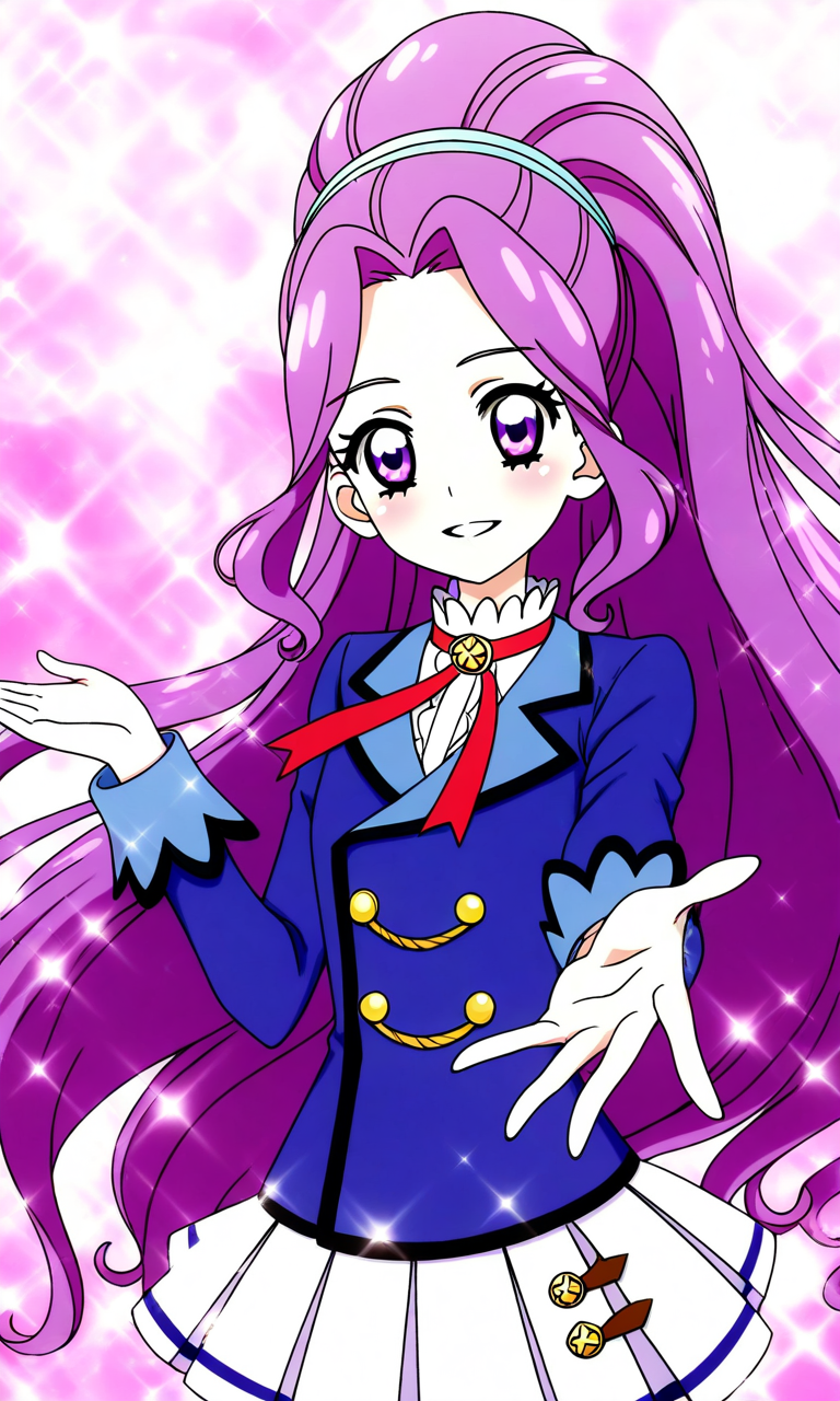 general,highres, ultra-detailed,very aesthetic,best quality ,best hands, BREAK <lora:Kanzaki_Mizuki_aikatsu!_IS:1>
kanzaki_mizuki(aikatsu!), 1girl, solo, purple hair, purple eyes, long hair, ponytail, high ponytail, hairband, very long hair,
starlight academy school uniform,
smile, happy,parted lips,
sparkle, reaching,