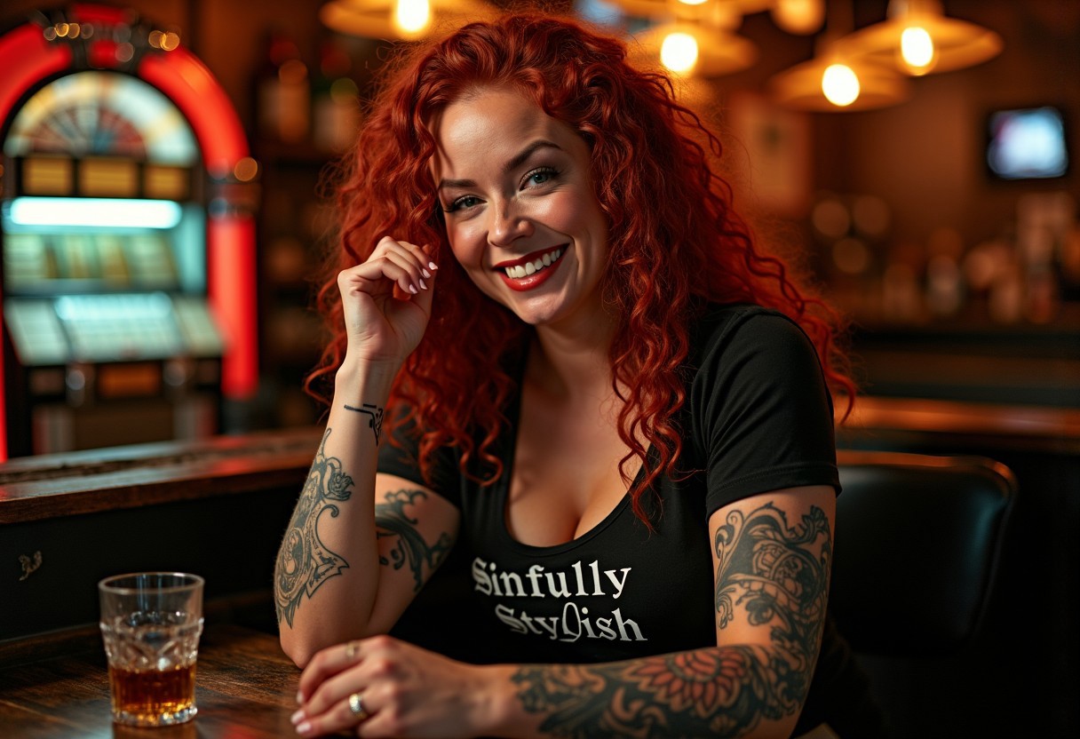 A medium shot photograph at 1:00 AM, showing a curvy 30-year-old woman with long curly red hair and dark green eyes at a dive bar that has linoleum floors, she is a little overweight and voluptuous, old shabby wooden furniture, the only light comes form the mismatched old lamps on the tables. There is a jukebox from the 1980's in the background. There is a glass of scotch on the table in front of her. She is a  beautiful woman with mature features, like wrinkles, freckles and moles are emphasized under Rembrandti lighting. She has a confident, lusty, expectant smile. She is fucking you with her eyes, She has a few tattoos. She is wearing a heavy metal t-shirt that says “Sinfully Stylish” . She has medium sized breasts that are very saggy and her erect nipples are covered by the shirt but their outlines are slightly visible, there is a light haze of cigarette smoke in the air