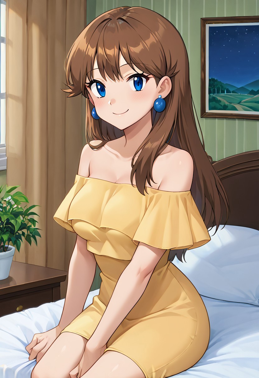 score_9, score_8_up, masterpiece, best quality, uncensored, correct anatomy, detailed background, anime_source, 1girl, solo, alone, perfect eyes, perfect arms, perfect legs, perfect face, indoors, medium breasts,  bare shoulders, gurin, blue eyes, brown hair, long hair, bangs, sidelocks, looking at viewer, strapless, a short yellow dress, fl0unc3dr355, dress, off shoulder, blue earrings, round earrings, Sitting on her bed, bedroom background, smile, looking at viewers, cowboy shot, indoors, night