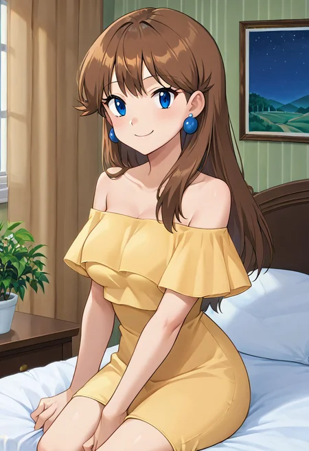 score_9, score_8_up, masterpiece, best quality, uncensored, correct anatomy, detailed background, anime_source, 1girl, solo, alone, perfect eyes, perfect arms, perfect legs, perfect face, indoors, medium breasts, bare shoulders, gurin, blue eyes, brown hair, long hair, bangs, sidelocks, looking at viewer, strapless, a short yellow dress, fl0unc3dr355, dress, off shoulder, blue earrings, round earrings, Sitting on her bed, bedroom background, smile, looking at viewers, cowboy shot, indoors, night