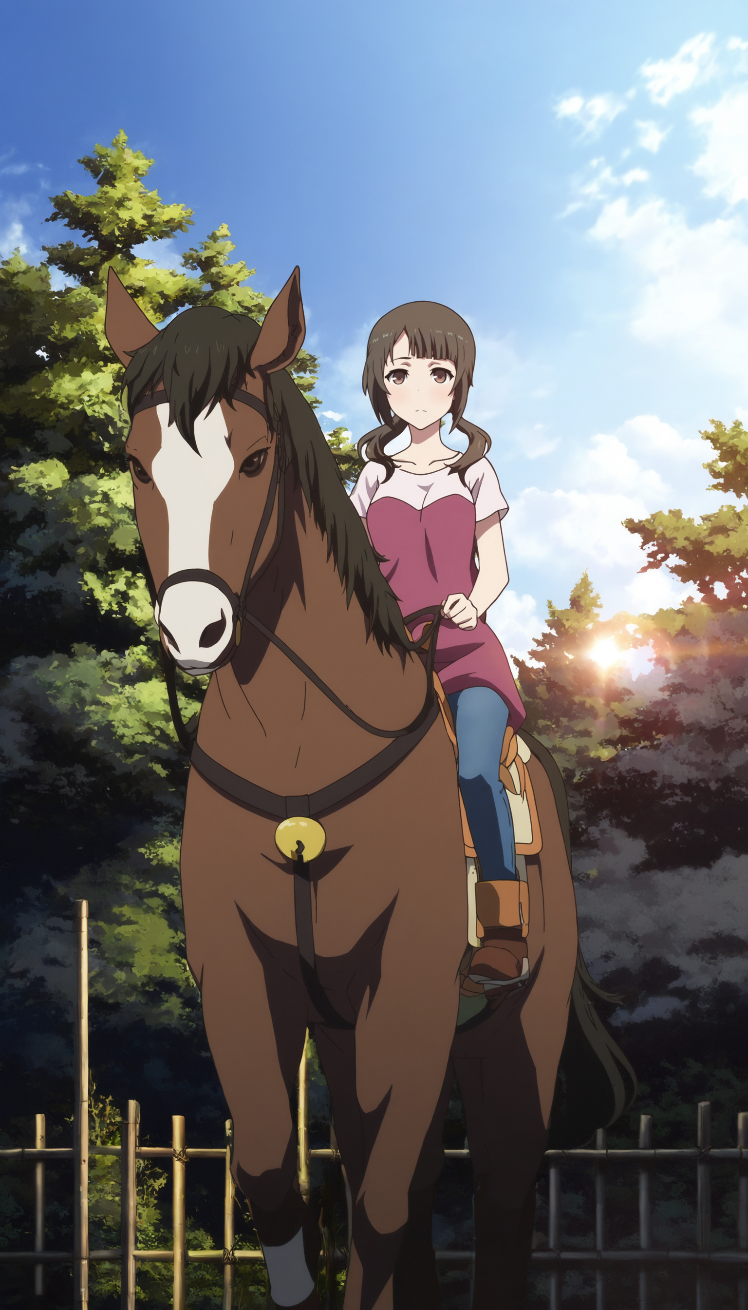 masterpiece,best quality,amazing quality,
<lora:sawaOkitaNAI:1>,sawa okita,
1girl,solo,brown hair,bangs,twintails,brown eyes,maroon tunic with short sleeves over a white top,blue jeans,brown boots,full body,riding,holding reins,looking ahead,outdoors,blue sky,cloud,forest,yakuimon gate,dense greenery,wooden fence,