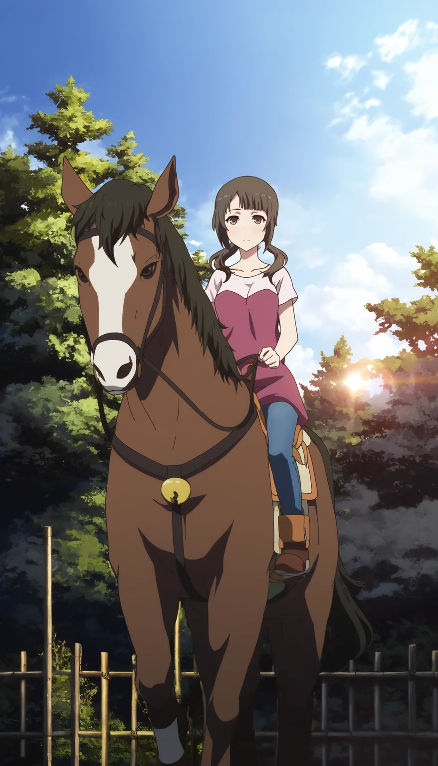 masterpiece,best quality,amazing quality,
<lora:sawaOkitaNAI:1>,sawa okita,
1girl,solo,brown hair,bangs,twintails,brown eyes,maroon tunic with short sleeves over a white top,blue jeans,brown boots,full body,riding,holding reins,looking ahead,outdoors,blue sky,cloud,forest,yakuimon gate,dense greenery,wooden fence,