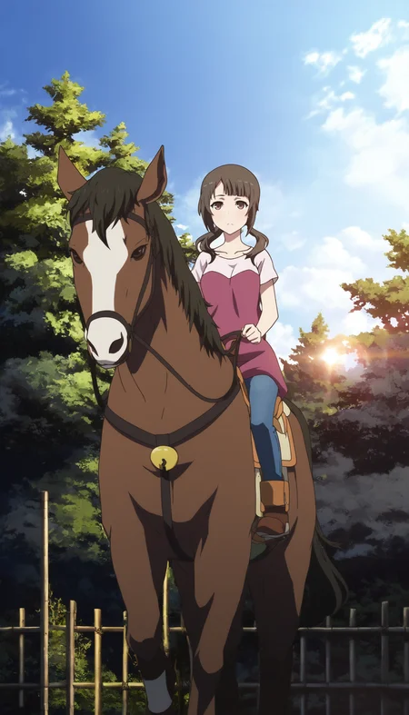 masterpiece,best quality,amazing quality,
<lora:sawaOkitaNAI:1>,sawa okita,
1girl,solo,brown hair,bangs,twintails,brown eyes,maroon tunic with short sleeves over a white top,blue jeans,brown boots,full body,riding,holding reins,looking ahead,outdoors,blue sky,cloud,forest,yakuimon gate,dense greenery,wooden fence,