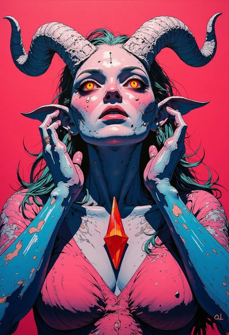 aidmainkstyle, abstract oil painting, gradient vibrant neon colour, rough, textural, broad brush strokes, 
 A portrait of a beautiful demon woman with massive curled horns, glowing red eyes, and crystal skin.  He palms are pressed to each side of her face, her mouth open in a sensual sigh of seduction. A red crystal gem pushes out through her chest between her massive breasts