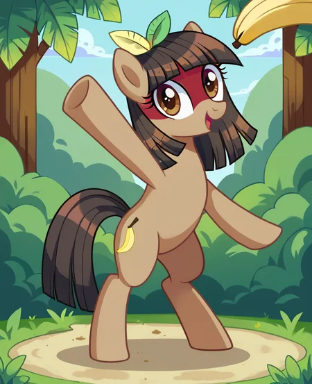 score_7_up, source_pony, kuruminha, brown fur, sidelocks, medium hair, hair ornament, waving,
(banana cutie mark), looking at you, bipedal , outdoors, feral pony, earth pony, female, solo, full body,
<lora:kuruminha-step00002400:1>