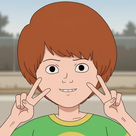 score_9_up, BREAK, source_cartoon, BILLMURPHY, 1boy, solo, brown hair, short hair, black eyes, shirt, upper body, double v, outdoor, <lora:BillMurphy_PXL_Leaf1:1>, looking at viewer, depth of field,