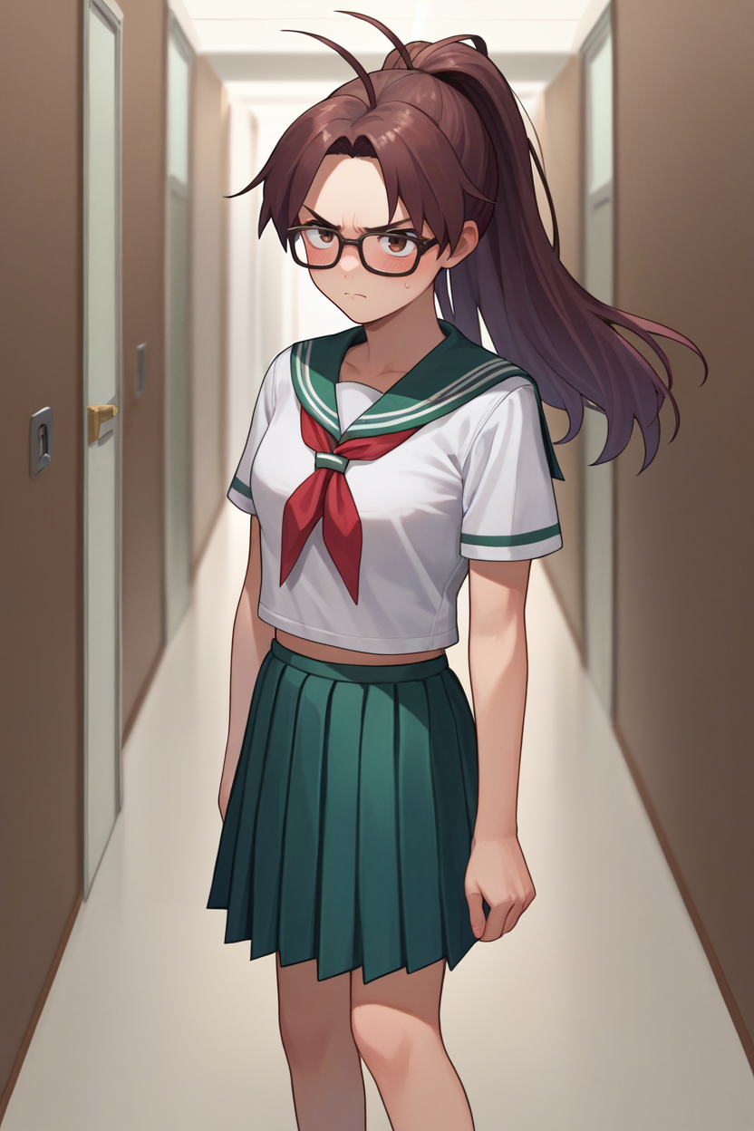 score_9, score_8_up, score_7_up, score_6_up, source_anime, BREAK 1girl, solo,  <lora:gsjenna-pdxl-nvwls-v1-000005:1> gsJenna, brown hair, ponytail, antenna hair, white t-shirt, sailor collar, red neckkerchief, green pleated skirt, hallway, glasses, annoyed, blush