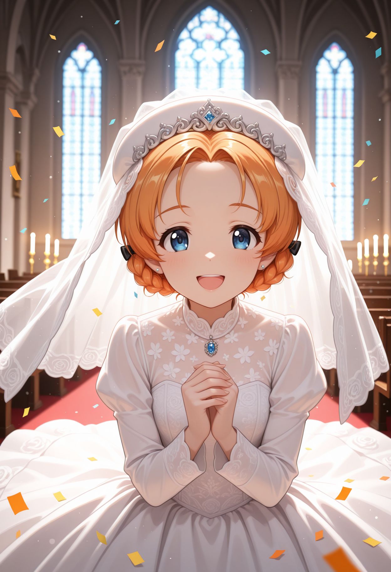 masterpiece,best quality,absurdres,highres,very aesthetic,high quality,detailed,insanely detailed,beautiful,perfect lighting, ,depth of field,blurry background,bokeh, looking at viewer,
 <lora:Orange Pekoe illu:1> 1girl, braid, short hair, orange hair, blue eyes, parted bangs, twin braids, hair bow, hat, jewelry,, long sleeves,wedding dress, veil, church, (confetti:1.1), smile, open mouth, white dress, wedding dress), indoors,