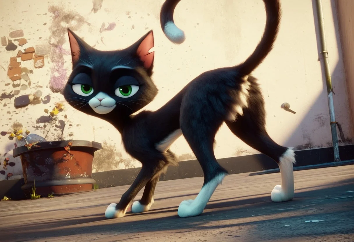 score_9, score_8_up, score_7_up, cute, solo, looking at viewer, bedroom eyes, butt focus, presenting hindquarters, rear view, mittens (bolt), cat, feline, fluffy fur, green eyes, black fur, white paws, white muzzle, feral, alleyway,