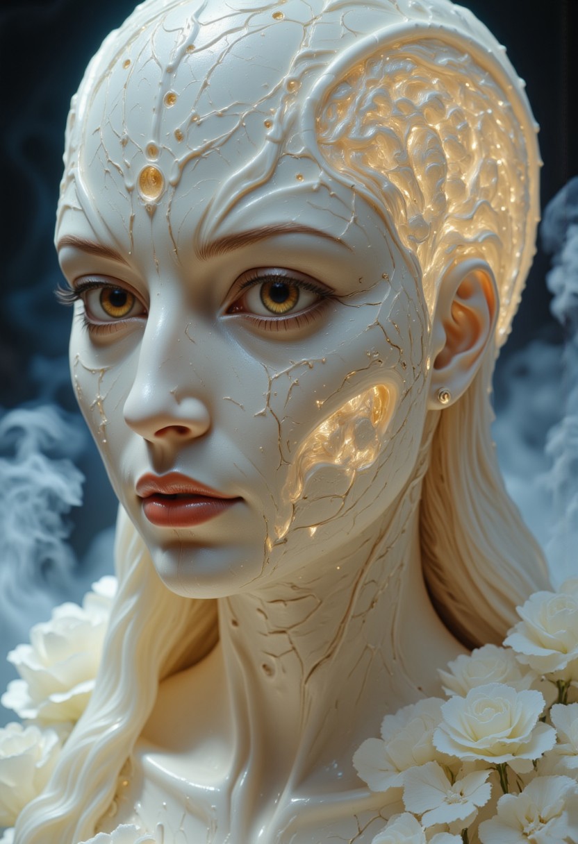 Close-up portrait of a statue of a woman. Her head and body are made of ivory and smooth with numerous, glowing, fine, hairline cracks covering the head and down her neck creating an organic mosaic pattern. She is biomechanical. Her eyes are an intense hazel color with black eyeshadow, and her lips are a rich, deep red color. A spot light focuses on her eyes, creating strong highlights and shadows. The light background is softly blurred showing a sea of white rose petals, but is blurred and out of focus so all visual attention is on the woman's eyes, nose and mouth. Her hair is stark white and falls around the lower half of the image. She is blending in with the background. She is looking at the viewer intensely. Blue and white smoke surround her body. She is like a bust. The overall impression is one of dramatic beauty, with an almost otherworldly quality.  (((ultra-realistic style))), realistic soft lighting, eye-catching, atmospheric lighting, smokey environment, natural, shallow depth of field, (highlights: 0.8), high detail (dynamic, sincere, cinematic shot, film grain, bokeh, depth of field)