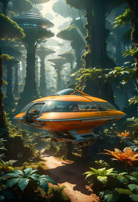 retro-futuristic aesthetics, retro design vehicle on forest alien landscape covered in dense, lush forests and towering trees reach towards the sky, forming a canopy that blocks out much of the sunlight, warm and bright sunlight, a mesmerizing blend of light and shadow. masterpiece, absurdres, intricate details<lora:retro_XL_2:1>