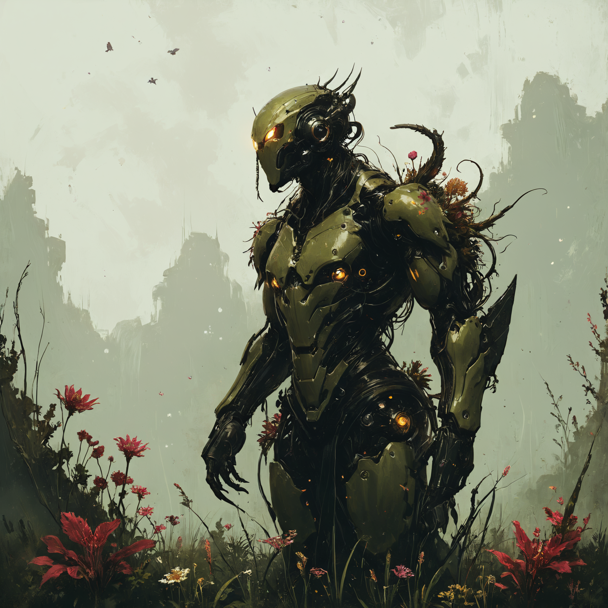 neotech towering insectoid monstrosity, Floating gardens adorned with exotic flowers,,, polarized light,, sharp focus, glowing, scifi  Digital painting, artstation, concept art, smooth, sharp focus, illustration, from Metal Gear, by Ruan Jia and Mandy Jurgens and William-Adolphe Bouguereau, Artgerm<lora:NeoFuturisticTechXL:0.8> <lora:Misty_Vintage:0.8> <lora:RMSDXL_Creative:0.4> <lora:pastel_colors_xl_v3:0.7>