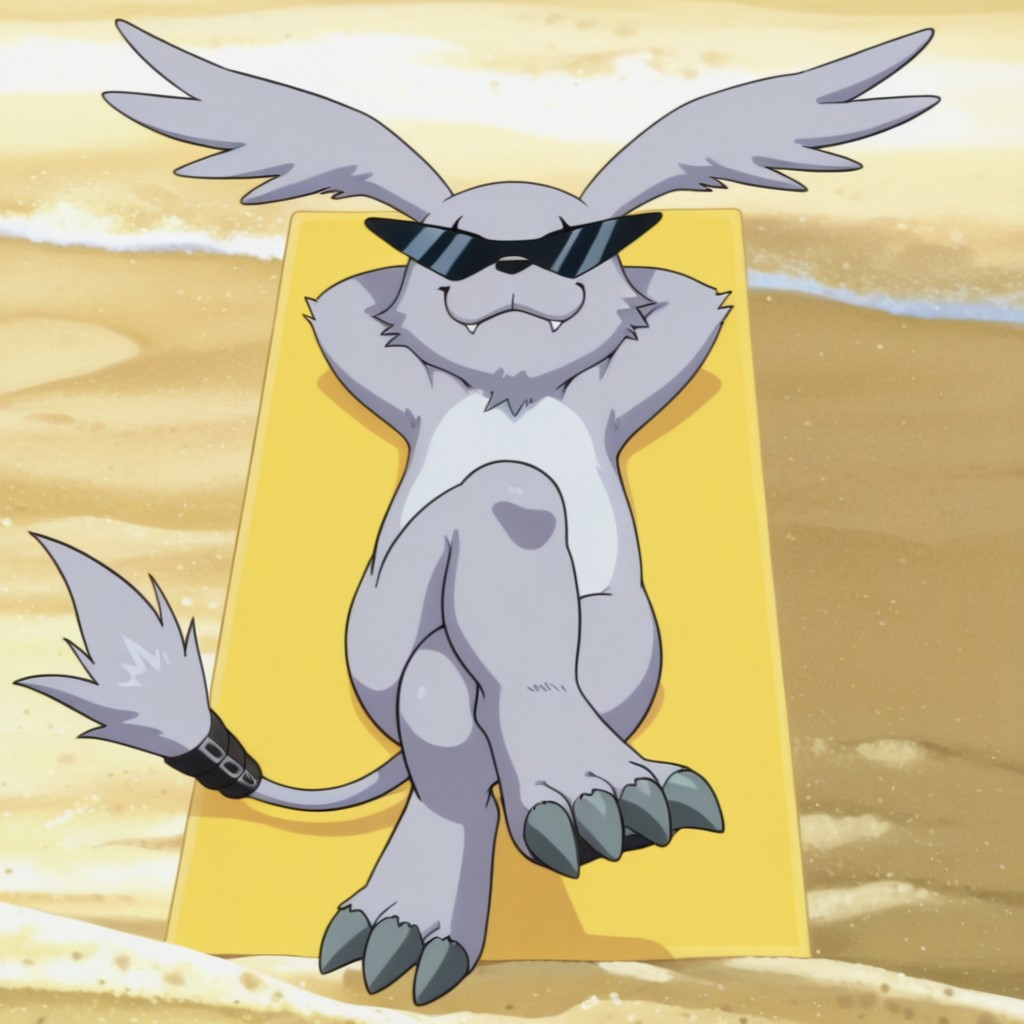 masterpiece, best quality, amazing quality, GazimonDmil, semi-anthro, Gazimon, grey fur, red eyes, long ears, tail, claws, fangs, tail tuft, black tail bands, on beach, solo, full body, lying, on back, hands behind head, crossed legs, from front, sunglasses