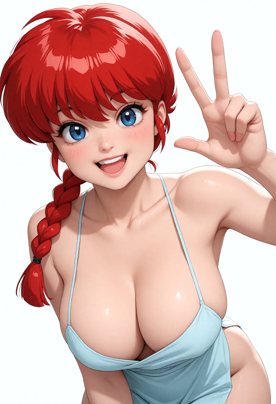 masterpiece, very aesthetic, absurdres, ranma-chan, 1girl, blue eyes, braid, braided ponytail, breasts, large breasts, looking at viewer, open mouth, red hair, smile, solo, vâââ