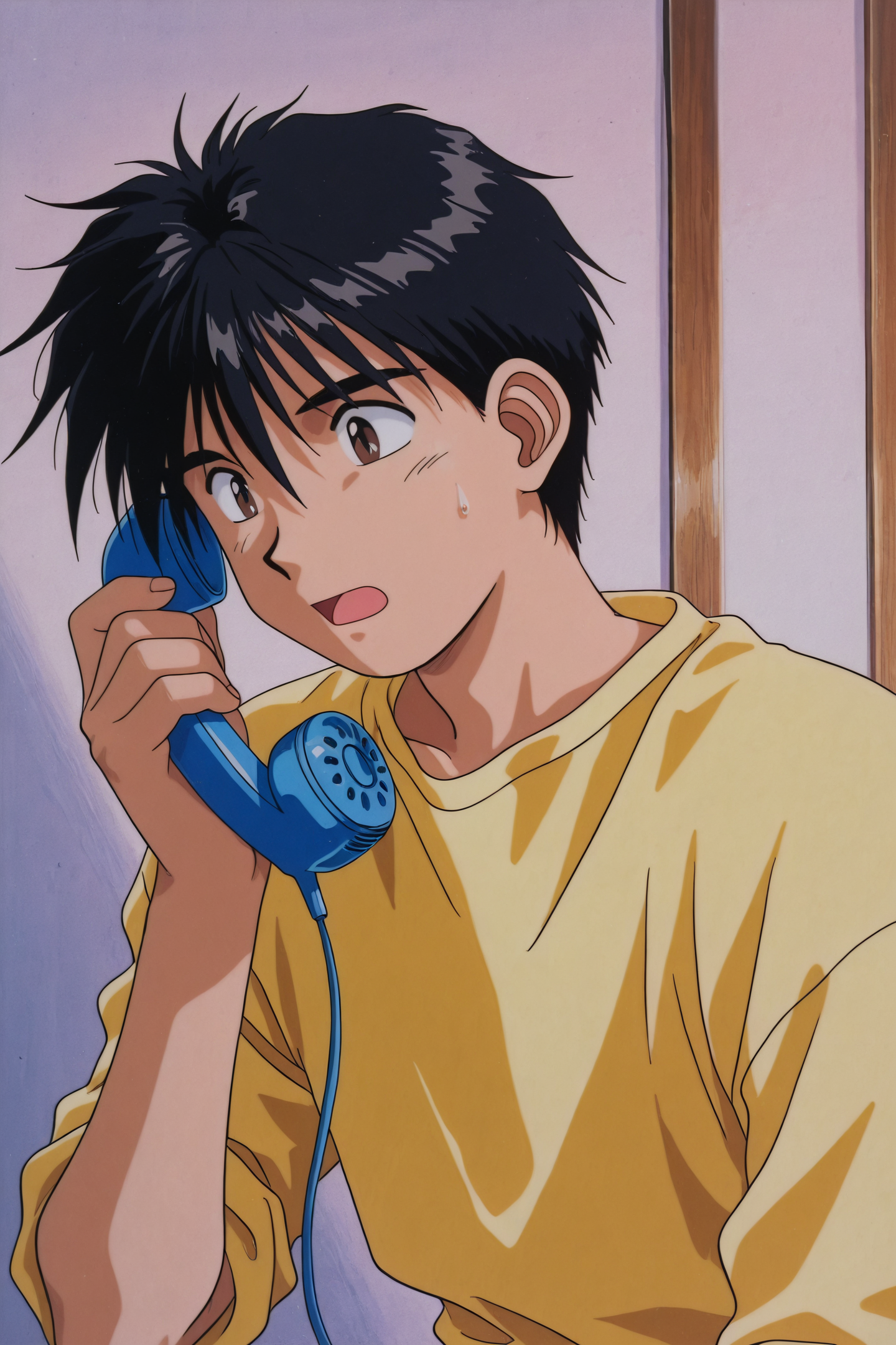 OVA Style,Keima Morisato,1boy,male focus,solo,black hair,phone,holding,open mouth,brown eyes,retro artstyle,corded phone,short hair,shirt,yellow shirt,talking on phone,upper body,1990s \(style\),
<lora:Ah! My Goddess_illustriousXL:1>,