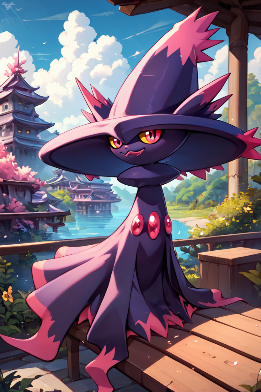 score_9, score_8_up, score_8,     BREAK, , ,,,   zzMismagius, witch hat, colored sclera, yellow sclera, pokemon (creature), no humans, <lora:Mismagius_Pokemon_PDXL:0.8>, ,,,  , BREAK, sitting on bench, side view, smile, looking at viewer, cowboy shot,  ,,, BREAK, pnkBldng, sky, day, cloud, tree, blue sky, building, architecture, east asian architecture,  ,,, BREAK, embedding:zPDXL, Expressiveh,  ,,, <lora:PinkBuildingsPDXL_v2:0.6>, <lora:SDXLFaeTastic2400:0.5>, <lora:Expressive_H-000001:0.4>
