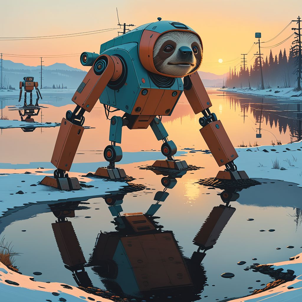 Cinematic, shot.
Dynamic view of an ancient goofy 12m tall disturbing (smiling) Sloth-shaped robot (and a man in front of it) in Simon Stalenhag's style from a futuristic era, at dusk hour with very long and realistic projected shadows, detailed frame, painting looks to be life like, on the ground, magical multicolored ink, high quality, imagination, fantasy art, vivid magical colors.
The shot takes place near an highway.
The robot is trying to cross an iced lake.
Many details everywhere. Ray-Tracing. Anti-Aliasing. Realistic reflections. Realistic soft shadows.
Slightly desaturated colors. 
Insane quality. Insane resolution. Insane details. Masterpiece.
16k resolution
By Simon Stalenhag.