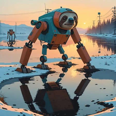 Cinematic, shot.
Dynamic view of an ancient goofy 12m tall disturbing (smiling) Sloth-shaped robot (and a man in front of it) in Simon Stalenhag's style from a futuristic era, at dusk hour with very long and realistic projected shadows, detailed frame, painting looks to be life like, on the ground, magical multicolored ink, high quality, imagination, fantasy art, vivid magical colors.
The shot takes place near an highway.
The robot is trying to cross an iced lake.
Many details everywhere. Ray-Tracing. Anti-Aliasing. Realistic reflections. Realistic soft shadows.
Slightly desaturated colors.
Insane quality. Insane resolution. Insane details. Masterpiece.
16k resolution
By Simon Stalenhag.