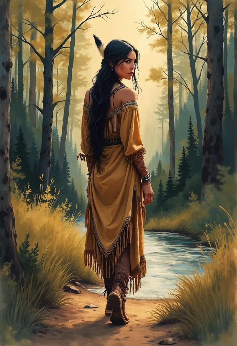 ink wash painting, beautiful native american woman in side-laced buckskin dress, walking towards viewer along a game trail in a forested woodland, detailed face, averted gaze, golden hour, abstract background of a wooded river valley