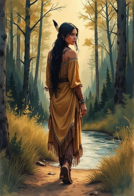 ink wash painting, beautiful native american woman in side-laced buckskin dress, walking towards viewer along a game trail in a forested woodland, detailed face, averted gaze, golden hour, abstract background of a wooded river valley