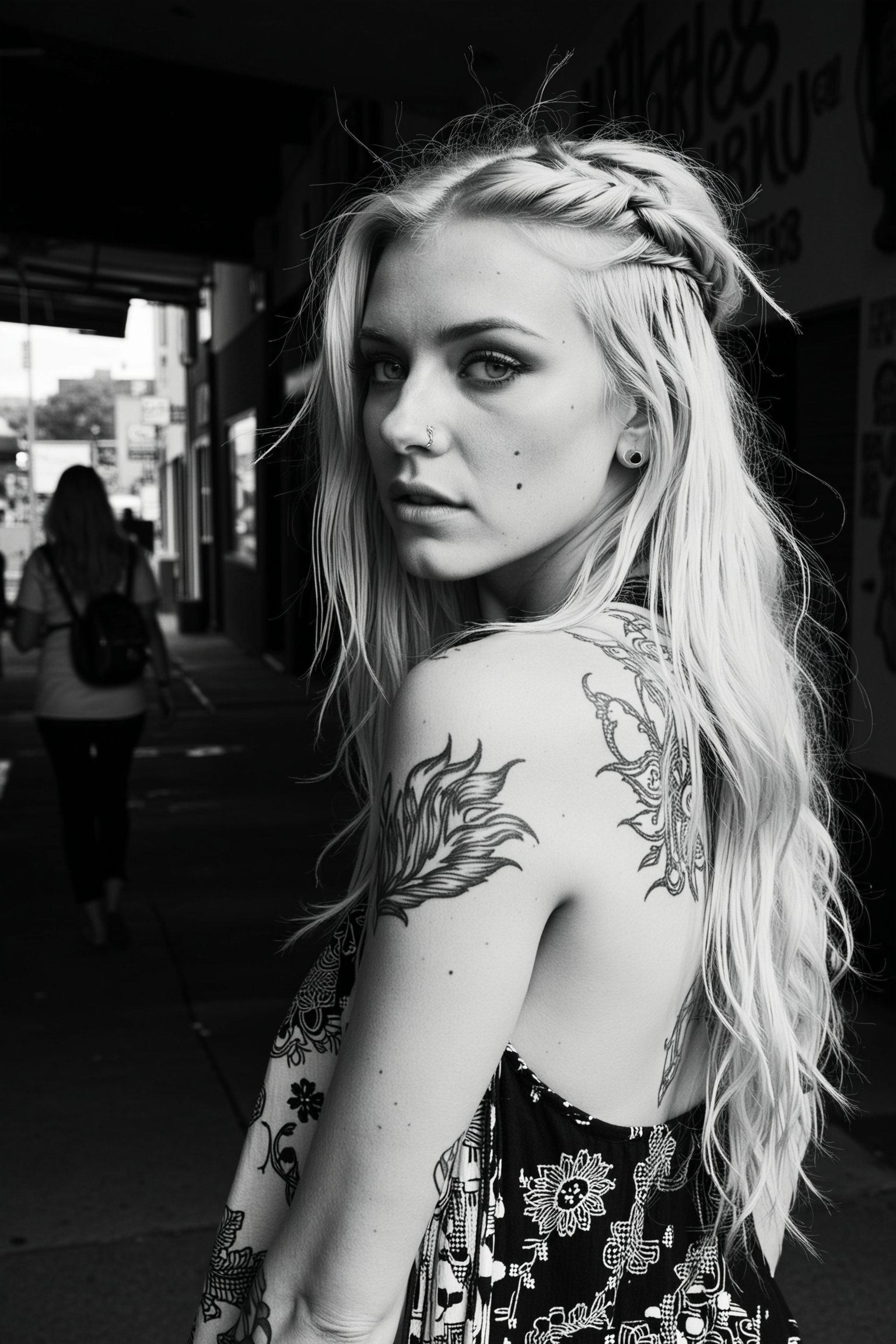 a stunning black and white photograph of a woman with a rugged, unapologetic demeanor, featuring a riot of long, messy, platinum blonde hair cascading down her back, clad in eclectic, free-spirited bohemian attire with intricate patterns and flowing fabrics, her piercing blue eyes gazing intensely forward, arms adorned with a collection of bold, dark tattoos that add to her edgy allure, captured in a high-contrast, desaturated tone with pronounced grain and a subtle, cinematic flair, as if shot on candid film, with a masterful composition that showcases her confident, unbridled spirit, reminiscent of a 50mm or 35mm lens, evoking the gritty, unvarnished aesthetic of classic street photography.
