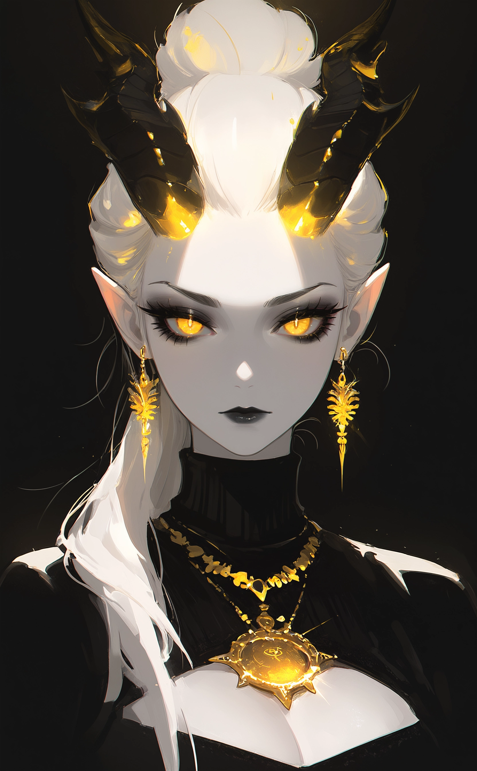 masterpiece, best quality, amazing quality, 1girl, solo, long hair, looking at viewer, simple background, closed mouth, upper body, yellow eyes, white hair, ponytail, earrings, horns, pointy ears, necklace, hair bun, eyelashes, clothing cutout, makeup, turtleneck, glowing, cleavage cutout, demon girl, demon horns, single hair bun, black background, portrait, lipstick, pale skin, forehead, eyeshadow, glint, black horns, dark background, hair pulled back, demon, mascara, updo, black lips, gold earrings, gold necklace, Cinematic Lighting, <lora:ppw_v7_noobEv1.1:0.5> <lora:XXX667:0.5> <lora:nhl-004:0.8>