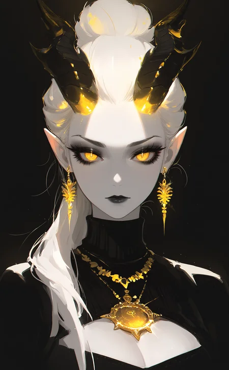 masterpiece, best quality, amazing quality, 1girl, solo, long hair, looking at viewer, simple background, closed mouth, upper body, yellow eyes, white hair, ponytail, earrings, horns, pointy ears, necklace, hair bun, eyelashes, clothing cutout, makeup, turtleneck, glowing, cleavage cutout, demon girl, demon horns, single hair bun, black background, portrait, lipstick, pale skin, forehead, eyeshadow, glint, black horns, dark background, hair pulled back, demon, mascara, updo, black lips, gold earrings, gold necklace, Cinematic Lighting, <lora:ppw_v7_noobEv1.1:0.5> <lora:XXX667:0.5> <lora:nhl-004:0.8>