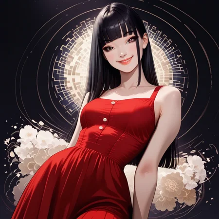 masterpiece, best quality, 32k, high resolution, absurdres, 1girl, Asian, long black hair, straight hair, blunt bangs, almond eyes, Asian eyes, medium breasts, large hips, slender, natural lips, beautiful lips, detailed eyes, cowboy shot, front view, dark background posing, beautiful, ((red-white) sundress), posing cute, little smile, abstract background