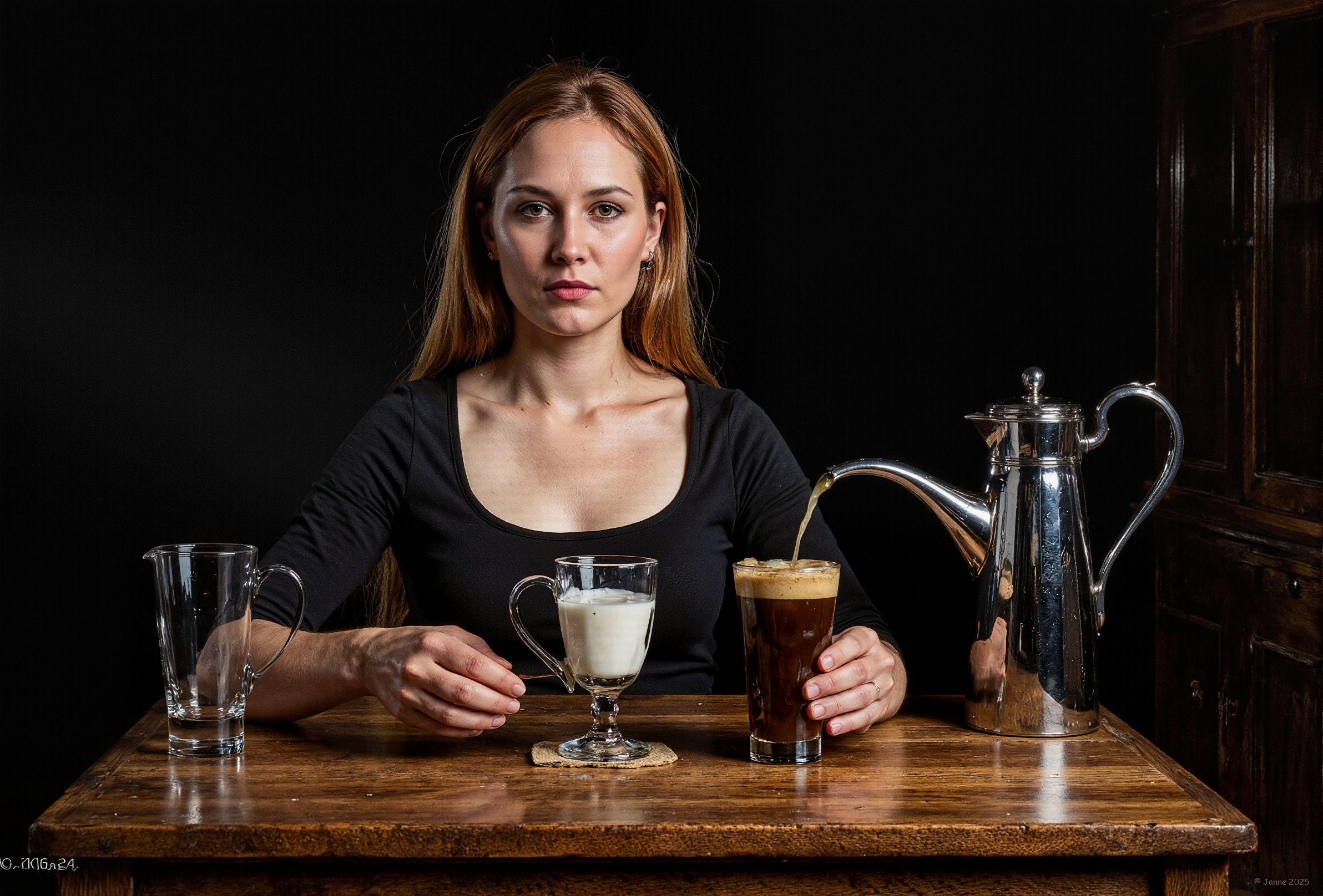 "Clip-L",40yo Finnish woman, asymmetrical face, small breasts, asymmetrical facial structure. boring expression, detailed textures, facial details, natural composition, hyperrealistic, highly detailed textures,   Two glasses, one with white milk and the other with dark brown liquid, resting on wooden surface, silver pitcher pouring liquid into right glass creating waterfall effect, black background for contrast, detailed focus on liquid dynamics, reflective surfaces of glasses and pitcher, soft lighting emphasizing texture differences between liquids and wood."T5XXL",The eye-catching high-resolution photo is of a Finnish woman in her 40s. The woman has an asymmetrical facial structure and small breasts, which are accentuated by her graceful body structure.  Woman's expression is boring, with detailed skin, hair, and eyes capturing the essence of the moment, cinematic, photorealistic style. Her clothes completely hide her nipples,  In the dim embrace of a shadowy backdrop, a solitary wooden table stands as the silent stage for an elegant display of two glasses. To the left, a slender, clear glass cradles a pristine white liquid, its transparency hinting at milk or perhaps water's cool purity. Opposite it, a shorter and broader vessel holds within its depths a rich, dark brown elixir crowned with a frothy crown, suggesting freshly brewed coffee. A silver pitcher, exuding an air of quiet sophistication, rests nearby on the table's surface. From its polished spout, a graceful arc of golden liquidâa stream of milk or creamâsweeps through the air before cascading into the awaiting glass, completing this tranquil tableau with a balletic motion that dances across the contrasting shadows and light.<lora:flux/Fluxartis IIB.safetensors:0.25:0.25> <lora:fluxchest/AllTheWayAACups_rank16_bf16.safetensors:0.25:0.25> <lora:fluxskin/Skintastic_Flux_v1.safetensors:0.25:0.25> <lora:flux/Adjust_Flux_v.3.safetensors:0.25:0.25> <lora:Eldritch_Photography_for_Flux_2.0.safetensors:0.25:0.25> <lora:flux/aidmaFLUXPro1.1-FLUX-v0.3.safetensors:0.25:0.25> <lora:aidmaRealisticSkin-FLUX-v0.1.safetensors:0.25:0.25> <lora:flux/neeeg_f1.safetensors:0.25:0.25> <lora:flux/age_v1.safetensors:0.25:0.25>
