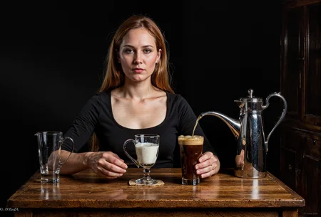 "Clip-L",40yo Finnish woman, asymmetrical face, small breasts, asymmetrical facial structure. boring expression, detailed textures, facial details, natural composition, hyperrealistic, highly detailed textures, Two glasses, one with white milk and the other with dark brown liquid, resting on wooden surface, silver pitcher pouring liquid into right glass creating waterfall effect, black background for contrast, detailed focus on liquid dynamics, reflective surfaces of glasses and pitcher, soft lighting emphasizing texture differences between liquids and wood."T5XXL",The eye-catching high-resolution photo is of a Finnish woman in her 40s. The woman has an asymmetrical facial structure and small breasts, which are accentuated by her graceful body structure. Woman's expression is boring, with detailed skin, hair, and eyes capturing the essence of the moment, cinematic, photorealistic style. Her clothes completely hide her nipples, In the dim embrace of a shadowy backdrop, a solitary wooden table stands as the silent stage for an elegant display of two glasses. To the left, a slender, clear glass cradles a pristine white liquid, its transparency hinting at milk or perhaps water's cool purity. Opposite it, a shorter and broader vessel holds within its depths a rich, dark brown elixir crowned with a frothy crown, suggesting freshly brewed coffee. A silver pitcher, exuding an air of quiet sophistication, rests nearby on the table's surface. From its polished spout, a graceful arc of golden liquidâa stream of milk or creamâsweeps through the air before cascading into the awaiting glass, completing this tranquil tableau with a balletic motion that dances across the contrasting shadows and light.<lora:flux/Fluxartis IIB.safetensors:0.25:0.25> <lora:fluxchest/AllTheWayAACups_rank16_bf16.safetensors:0.25:0.25> <lora:fluxskin/Skintastic_Flux_v1.safetensors:0.25:0.25> <lora:flux/Adjust_Flux_v.3.safetensors:0.25:0.25> <lora:Eldritch_Photography_for_Flux_2.0.safetensors:0.25:0.25> <lora:flux/aidmaFLUXPro1.1-FLUX-v0.3.safetensors:0.25:0.25> <lora:aidmaRealisticSkin-FLUX-v0.1.safetensors:0.25:0.25> <lora:flux/neeeg_f1.safetensors:0.25:0.25> <lora:flux/age_v1.safetensors:0.25:0.25>