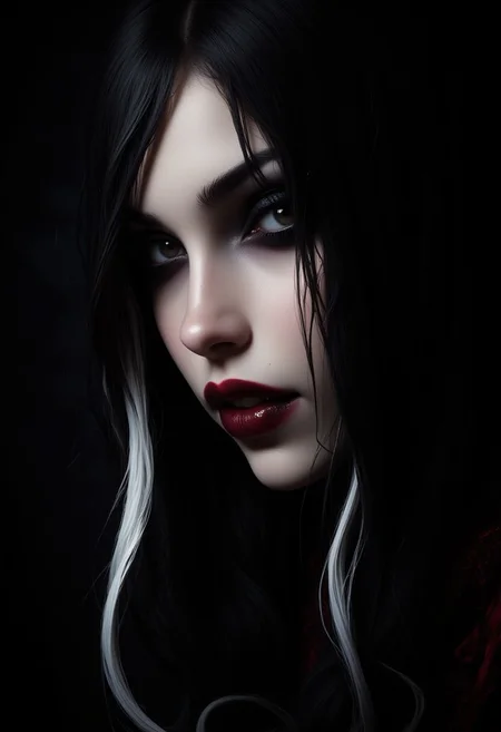 masterpiece, high detail, ArsMJStyle, dnddarkestfantasy, masterpiece, closeup portrait of stunning oriental vampire woman, long black hair with white streak, dark eyeshadow, red lips, mouth slightly open showing fangs, chiascuro, sexy, seductive, erotic, direct gaze, dark background. highest definition, HD32K, wallpaper, hyperdetailed, concept art, extreme closeup, side profile