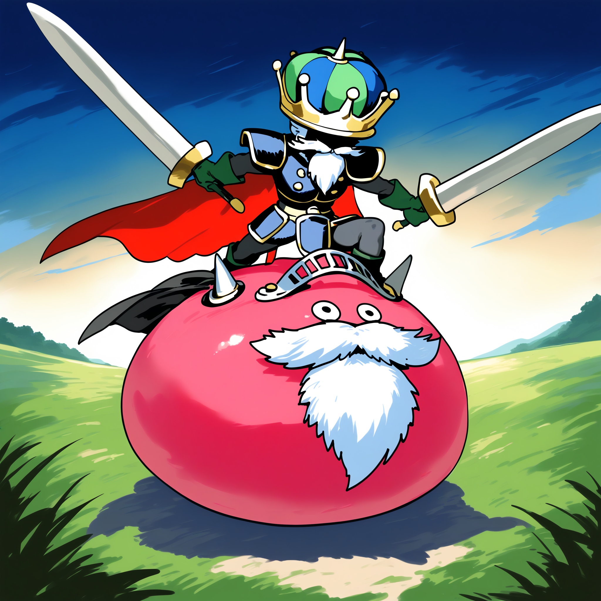 score_9,score_8_up,score_7_up,best quality,masterpiece,super detailed,extreme detailed,full_body,zPDXL BREAK (nature:1.2),(field:1.2),
<lora:Pony_DetailV2.0:1> BREAK shogum,slime (dragon quest),armor,beard,cape,crown,dual wielding,holding sword,no humans,riding,<lora:shogum-000028:1>,sketch,