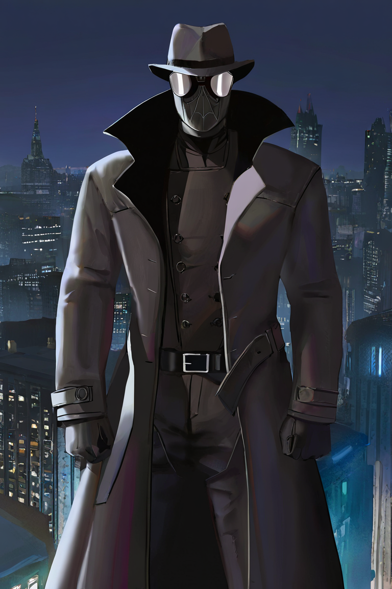 masterpiece, best quality, highres, newest, smnrsv, 1boy, solo, male focus, mask, covered eyes, goggles, black hat, fedora, black coat, trench coat, black vest, black belt, black pants, black gloves, looking at viewer, facing viewer, standing, cowboy shot, outdoors, city, building, night <lora:Spider-Man Noir - Into the Spider-Verse v1.0 [LoRA] - NoobAI-XL EPS 1.0:0.8>