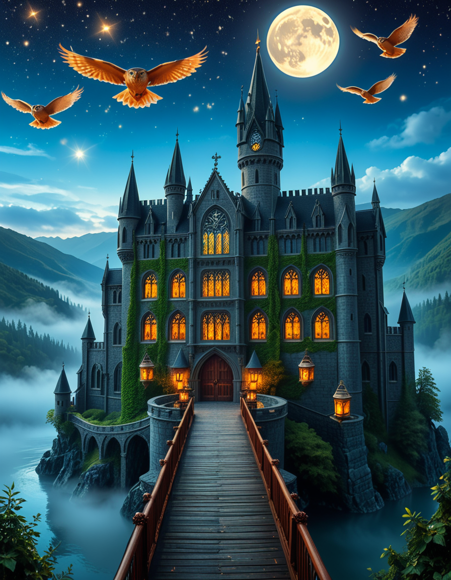 A majestic, ancient castle perched on a rocky hill, serving as a prestigious school for young wizards. The castle is a grand structure with towering spires, intricate gothic architecture, and large stained-glass windows that glow with magical energy. The stone walls are covered in ivy, and enchanted lanterns float around the entrance, casting a soft, mystical glow. A massive wooden bridge leads to the main gate, suspended over a misty, enchanted lake that reflects the moonlight. In the background, rolling green hills and dense, fog-covered forests surround the school, adding an air of mystery. The sky is a deep twilight blue, with stars twinkling and a full moon shining brightly. Some windows in the castle emit warm, golden light, hinting at classrooms filled with spellbooks and students practicing magic. A few owls are seen soaring above, delivering messages. The atmosphere is magical, mysterious, and full of wonder, as if the castle itself is alive with enchantments.
<lora:SDXLFaeTastic2400:0.4> <lora:extremely_detailed:0.4> extremely detailed, <lora:ancient_c4stl3:1>,ancient c4stl3, Masterpiece,best quality,hi res,8k,hi res,8k,award winning,(sharp focus, intricate, highly detailed),