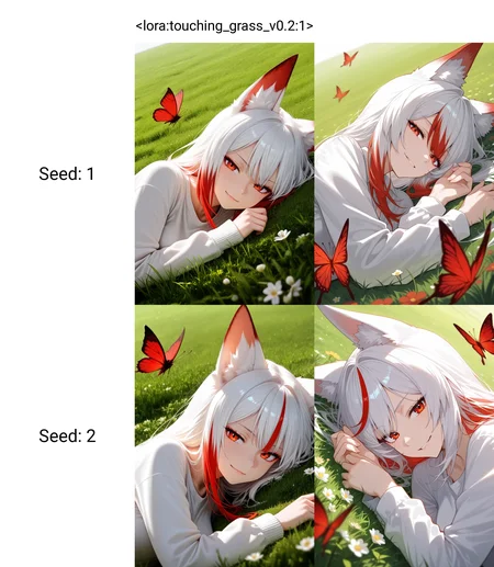 <lora:illustriousXL_stabilizer_v1.3:0.8><lora:touching_grass_v0.2:1>1girl,fox ears,red hair,white hair,red eyes,multicolored hair,lying on grass field,upper body,on side,looking at viewer,shirt,long sleeves,smirk,red butterfly,depth of field,flower,