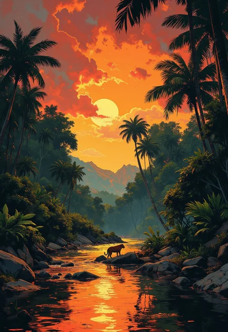 Paradise of Brazilian jungle side by sunset, 1tiger at riverside sneaks out of the jungle, reflection, shadowed Palms, best quality, realistic, whimsical, fantastic, splash art, intricate detailed, hyperdetailed, maximalist style, photorealistic, concept art, sharp focus, harmony, serenity, tranquility, mysterious glow,
ambient occlusion, halation, cozy ambient lighting, dynamic lighting,a masterpiece, award winning, DB4RZ, DB4RZ style painting, NeoPigma, in the style of cksc,, anime, cyberpunk
