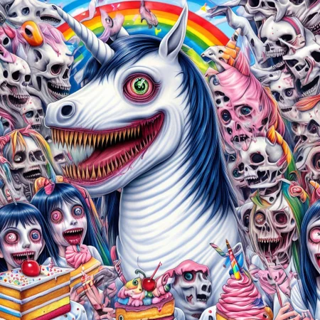Lisarank, creepy unicorn with scary mouth looming over anime girls at a birthday party, skulls and cake, rainbows, cute, high quality, high resolution,
